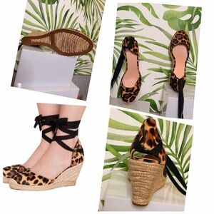 NEW J. Crew Leopard Print Espadrille Wedges with Black Ties